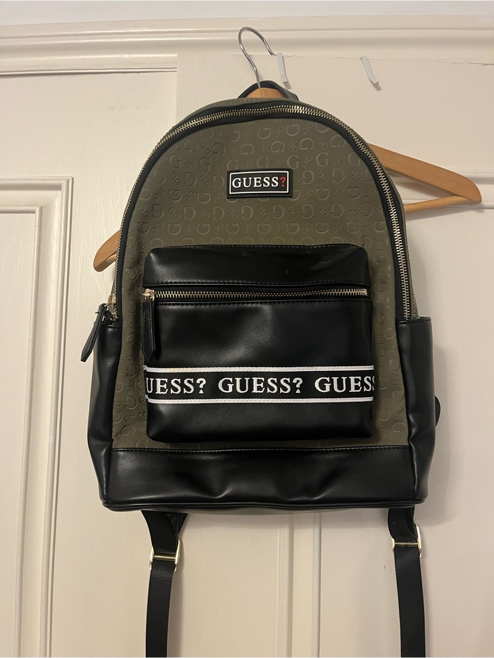 Guess Olive Logo Pattern Backpack with Black Trim